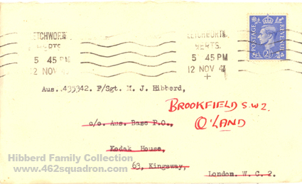 Front of envelope from  Leslie L. Irvin to F/Sgt M.J.Hibberd 435342 RAAF, 12 Nov 1945 with Caterpillar Club Membership Card.