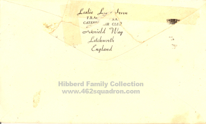 Rear of envelope from  Leslie L. Irvin to F/Sgt M.J.Hibberd 435342 RAAF, 12 Nov 1945 with Caterpillar Club Membership Card. (462 Squadron)