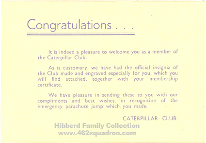 Congratulations card from Caterpillar Club issued to F/Sgt M.J.Hibberd, 435342 RAAF, 12 Nov 1945.