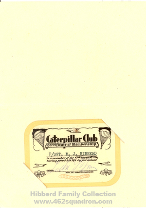 Folder with Caterpillar Club Membership Certificate, issued to F/Sgt M.J.Hibberd, 435342 RAAF, 12 Nov 1945.