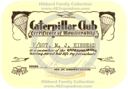 Caterpillar Club Membership Certificate, issued to F/Sgt M.J.Hibberd, 435342 RAAF, 12 Nov 1945.