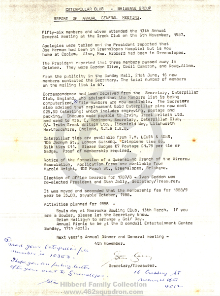 Caterpillar Club - Brisbane Group, AGM report, 6 Nov 1987, with mention of former F/Sgt M.J.Hibberd, 435342 RAAF.