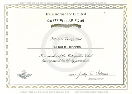 Caterpillar Club Certificate for F/Sgt M.J.Hibberd, 435342 RAAF, issued July 2004.