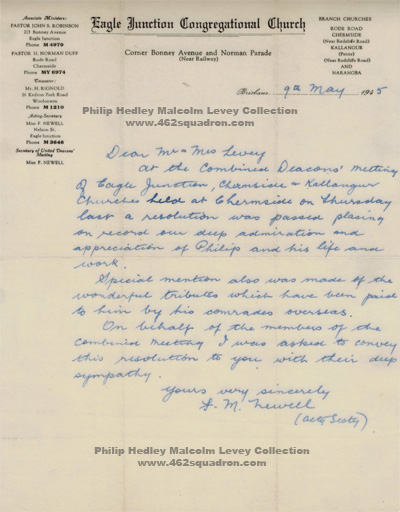 Letter of sympathy to the parents of Philip Hedley Malcolm Levey, from Eagle Junction Congregational Church, May 1945.