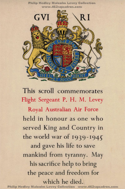 Memorial Scroll commemorating Flight Sergeant Philip Hedley Malcolm Levey, RAAF, WW2.