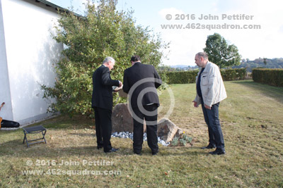 Bredenscheid Cemetery, 9 October 2016, Peter Muxlow, Edward Muxlow, and Bredenscheid Mayor at the Dedication of Memorial Plaques for Crew of Halifax MZ400 Z5-J, 462 Squadron.