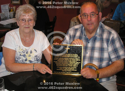 Alan and Patricia Tucker, sister of Rear Gunner Denis Roy Muxlow, with Memorial plaque for the crew of Halifax MZ400 Z5-J, 462 Squadron. 