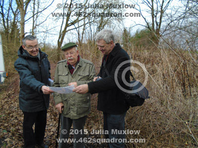 Archivist Thomas Weiss, eye-witness Herr Hans Sendt and Researcher Peter Muxlow at the crash site of 462 Squadron Halifax MZ400 Z5-J near Bredenscheid.