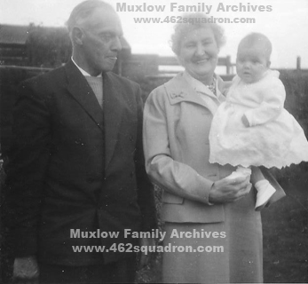 Maurice Stanley Muxlow and Edith Mary Muxlow, with a grand-daughter in 1973; the parents and niece of Denis Roy Muxlow (1590607 RAFVR, 462 Squadron).