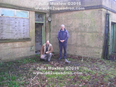 February 2016 - Outside the Respirator Workshop at RAF Driffield, the location for many Crew photos for 462 Squadron from August to end of December 1944. Andy Ward on left and Peter Muxlow standing, as a Tribute for original crew members Alan James Ward and Denis Roy Muxlow.
