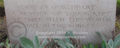 Inscription on headstone on grave for Denis Roy Muxlow, 1590607 RAFVR, 462 Squadron.