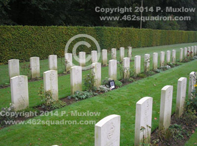 Reichswald Forest War Cemetery - Headstones on graves for Gerald Coleman, Philip Hedley Malcolm Levey, Archibald James Mouat, Denis Roy Muxlow, Ronald Charles Stopp, John Newton Tresidder, Alan James Ward, all of 462 Squadron, with crew photo.