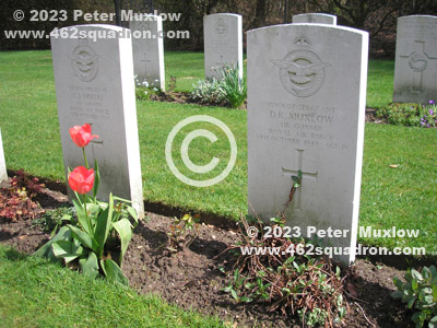 Graves of Gunners MOUAT and MUXLOW of Crew of Halifax MZ400 Z5-J, of 462 Squadron, at Reichswald, 14 April 2023.