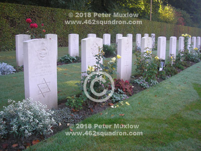 Headstones of the Crew of Halifax MZ400 Z5-J of 462 Squadron, at Reichswald Forest War Cemetert, 10 October 2018.