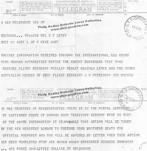Telegram dated 17 May 1945 regarding presumption of death of Philip Hedley Malcolm Levey 429588 RAAF, 462 Squadron. 