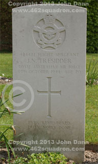 Headstone of grave for John Newton Tresidder, 424477 RAAF, 462 Squadron.
