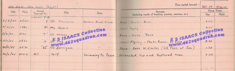 Edmund Seymour ISAACS log book - casualty April 1945 (previously 462 Squadron)
