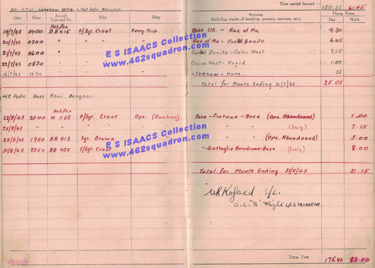Edmund Seymour ISAACS - log book - July and August 1943 (462 Squadron)