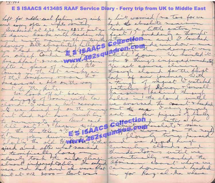 Edmund Seymour ISAACS - diary of Ferry Flight, July 1943 to 462 Squadron