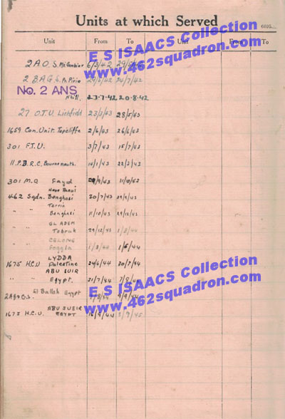 Edmund Seymour ISAACS of 462 Squadron, list of his WW2 service unit postings.