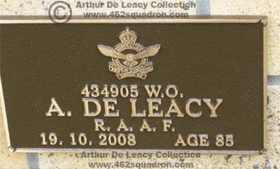 Memorial plaque for Arthur Herbert De Leacy, formerly 434905 RAAF, 462 Squadron, in Brisbane.