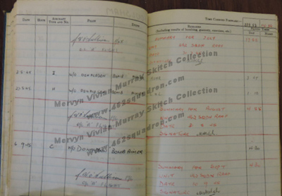 August & September 1945 Log Book entries for Mervyn Vivian Murray Skitch 442482 RAAF, during posting to 462 Squadron, Foulsham.