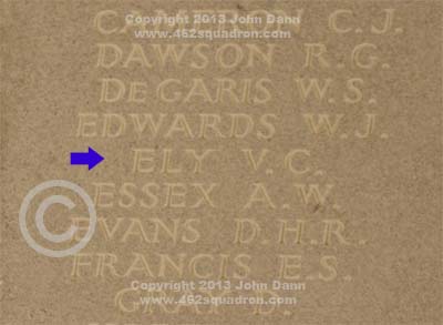 Inscription on Runnymede Memorial for Vivian Clive Ely, 426221 RAAF, 462 Squadron.