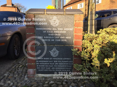 Two Memorial Plaques on the village sign in central Foulsham, commemorating all Squadrons based at RAF Foulsham (462 Squadron), visited 23 February 2019.