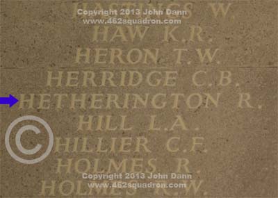 Inscription on Runnymede Memorial for Rodney Hetherington, 1826680 RAFVR, 462 Squadron.