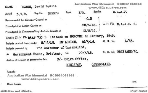 Pilot David Leslie EVANS 405579 RAAF, DFC card, AWM.
