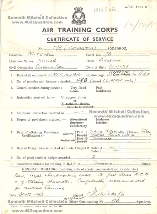 Air Training Corps Certificate of Service for Kenneth Mitchell, 173 (Orpington) Squadron in 1943, later 1813502 RAFVR posted to 462 Squadron RAAF Foulsham in 1945.