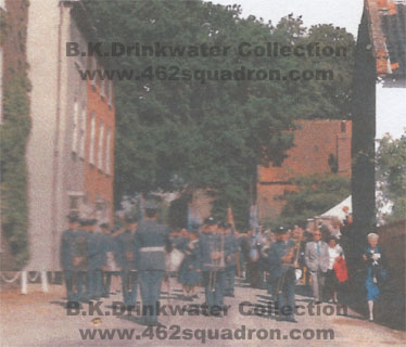 RAF Band Honington assembles in readiness to process through Foulsham to the Village Sign for the unveiling of Memorial Plaques, 27 August 1989. 