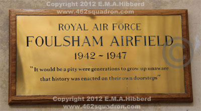 Tribute Sign to Royal Air Force, Foulsham Airfield, on the wall in the Holy Innocents' Church, Foulsham, April 2012.