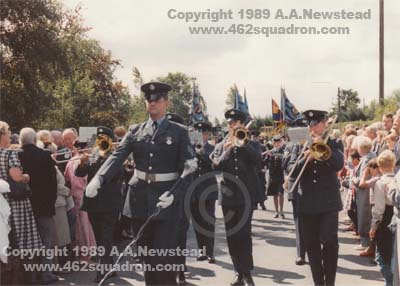 RAF Band Honington, followed by ex-RAF veterans and Standard Bearers arrive at the Foulsham Village Sign for the unveiling of Memorial Plaques, 27 August 1989.