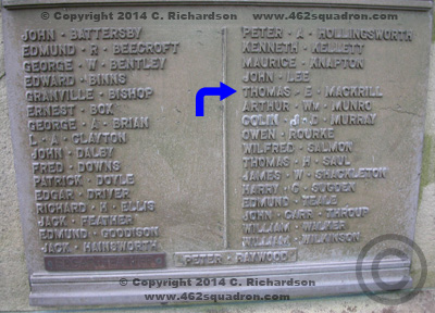 Names of WW2 servicemen inscription on the Thornton War Memorial, West Yorkshire, including Thomas Edward Mackrill, 462 Squadron.