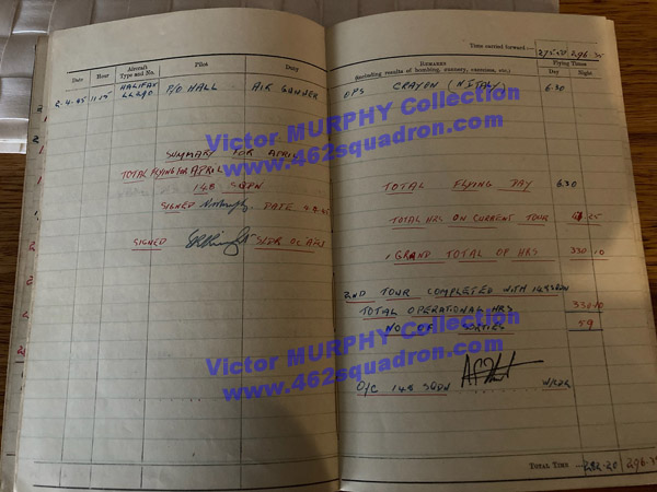 Victor MURPHY 422056 RAAF, formerly of 462 Squadron - Log Book, last Op at 148 Squadron