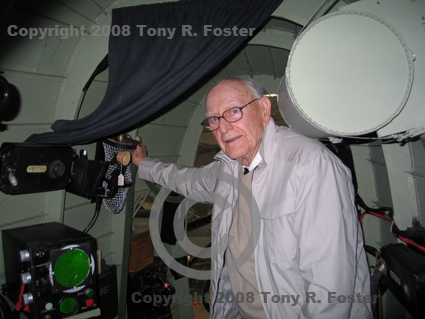 John William Harris standing at the Navigator's station in Halifax LV907 at Elvington Air Museum on 1 May 2008 (during WWII John was 1337631 RAFVR of 462 Squadron)