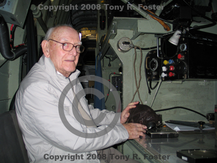 John William Harris seated at the Navigator's station in Halifax LV907 at Elvington Air Museum on 1 May 2008 (during WWII John was 1337631 RAFVR of 462 Squadron)