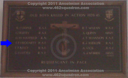 "Board of Remembrance" at St Anselms College, Birkenhead listing "OLD BOYS KILLED IN ACTION 1939-45" including "J. Heggarty RAF" (1238295/179888 RAFVR, 462 Squadron).
