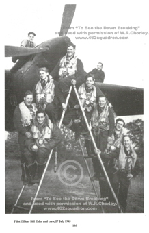 Pilot Elder and Crew, including Sgt John Heggarty 1238295 RAFVR, on 27 July 1943, with Halifax DK188, MP-J, 76 Squadron, Holme-on-Spalding Moor, Yorkshire (later Officer 179888, 462 Squadron).