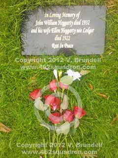 Memorial plaque for the grave of John William Heggarty and Ellen Heggarty (née Ledger), Rake Lane Cemetery, Wallasey (parents of F/O John HEGGARTY, 179888 RAFVR, 462 Squadron).