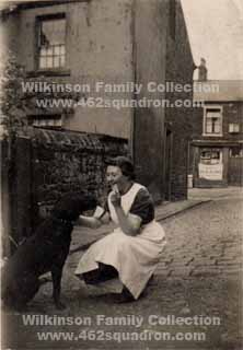 Annie Wilkinson (née Heggarty) in Dunderdale Street, Longridge, Lancashire, 1945 (sister of John Heggarty, 1238295/179888 RAFVR 462 Squadron).