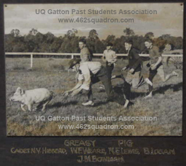 Cadet Noel Victor Hibberd on Foundation Sports Day 8 July 1938 in Greasy Pig Event, QAHS&C.  