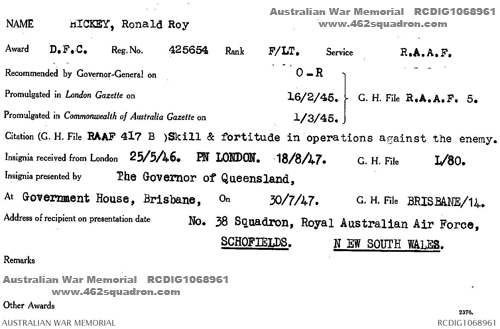 Award of DFC to F/Lt Ronald Roy Hickey 425654 RAAF, formerly of 462 Squadron, Driffield (AWM card)