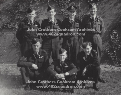 Crew 09 of 462 Squadron, Driffield 1944, back, W/OP Lennie ROWE, R/AG Maurie DRAPER, MU/AG Mac McCLELLAND, F/Eng Lofty Duchesne; front, B/A Bill WOOD, Pilot Ron Hickey, Nav John COCKRAM.