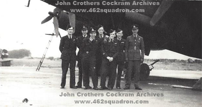 Crew 9 of 462 Squadron, with Halifax at Driffield 1944; Maurie Draper, Hugh McClelland, Bill Wood, Ron Hickey, Lofty Duchesne; John Cockram, Lennie Rowe. 