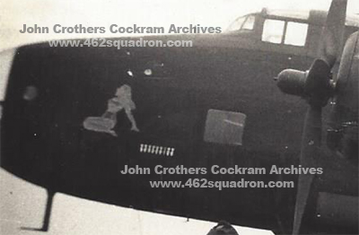 Close-up of Halifax aircraft 'Jane" showing Nose Art, Driffield 1944, 462 Squadron. 