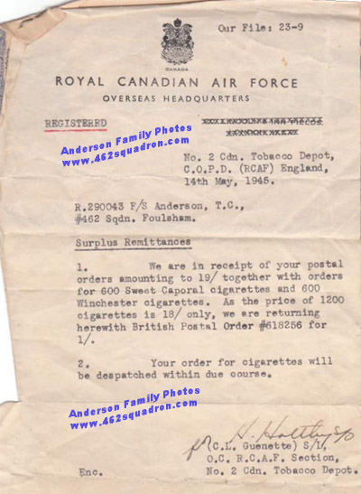 F/Sgt Thomas Charles ANDERSON, R.290043 RCAF, 462 Squadron, Foulsham; Cigarette order with refund.