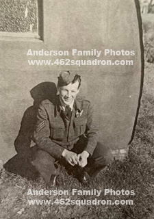 Sgt Thomas Charles ANDERSON, R.290043 RCAF, outside crew's Nissen Hut during training in UK, later posted to 462 Squadron, Foulsham.