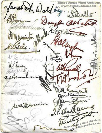 James Angus WARD, 50976 RAF, Bomb Aimer and Artist, signatures on Christmas Menu 1943, 462 Squadron (Middle East Command).